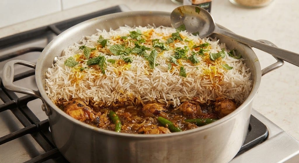 Best Homemade Spicy Biryani Recipe – Layering fried onions, mint leaves, and basmati rice over chicken masala for dum