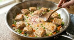 "Preparing creamy sauce for macaroni by mixing milk, ketchup, mayonnaise, and cheddar cheese in a pan."