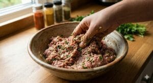 Kache Keema ki Tikki recipe: Mixing chopped onions, fresh herbs, and spices into marinated minced meat for Galouti Kebab."