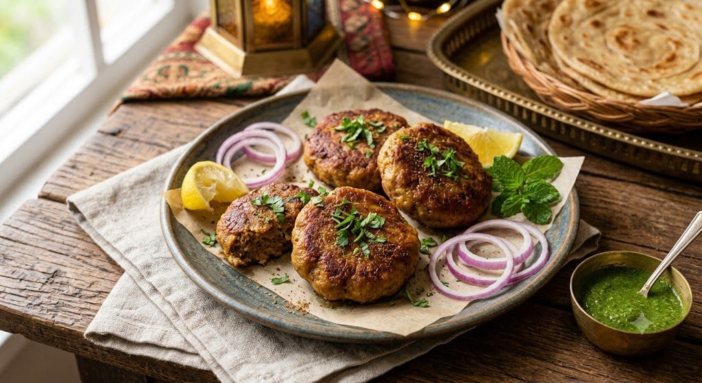 "Golden-brown kachay keemay ke kabaab served on a plate with onion rings, lemon wedges, and fresh coriander garnish."