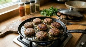 Kache Keema ki Tikki recipe: Frying the Galouti Kebabs on a pan until golden brown and cooked through."