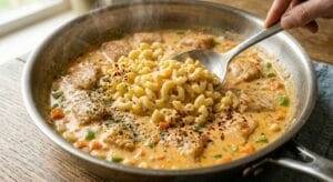 Creamy Chicken Macaroni recipe: mixing pasta with sauce and adding oregano and chili flakes."