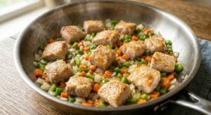 "Adding chopped onion, capsicum, and carrot to the pan for Creamy Chicken Macaroni"