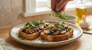 Freshly prepared creamy garlic mushroom toast served on a plate as a quick and delicious breakfast."