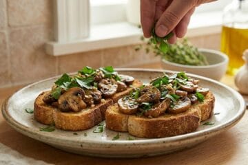 Freshly prepared creamy garlic mushroom toast served on a plate as a quick and delicious breakfast."