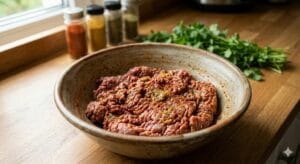 Kache Keema ki Tikki recipe: Marination process of minced meat with raw papaya paste for soft Galouti Kebab."
