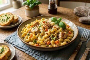 Creamy chicken macaroni served in a plate with a side of garlic bread and ketchup.
