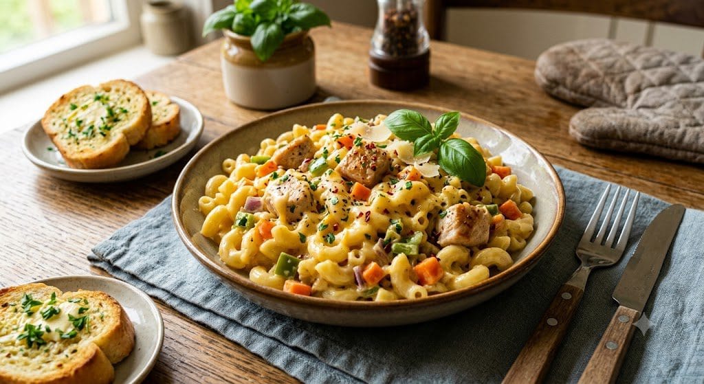 Serving hot Creamy Chicken Macaroni with side of garlic bread and ketchup."