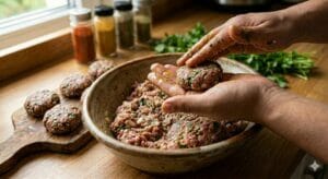 Kache Keema ki Tikki recipe: Shaping the marinated meat mixture into small patties (Galouti Kebabs) for frying."
