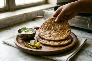 Crispy Dhaba style Aloo Paratha served with butter and chutney"