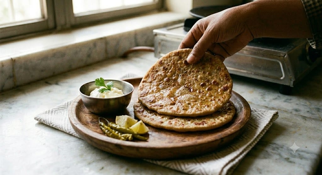 Crispy Dhaba style Aloo Paratha served with butter and chutney"
