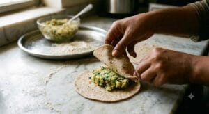 "Dhaba style crispy aloo paratha bowl mein masaledar aaloo ki stuffing ke saath."