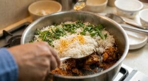 Ab chicken wale masala ke uper boil kiye hue chawal ki teh lagayein.