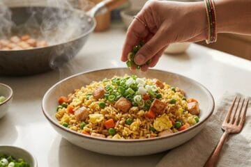 A bowl of delicious Western-style Chicken Fried Rice topped with fresh spring onions."
