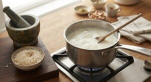Adding coarsely crushed rice to boiling milk and simmering on low heat for the Special Shahi Kheer Recipe.