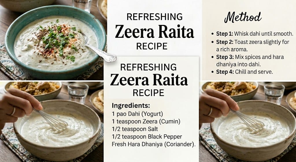 Recipe card for Refreshing Zeera Raita showing ingredients and step-by-step instructions."