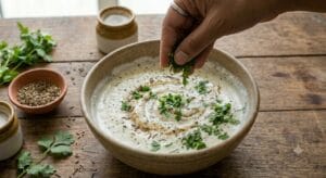 Garnishing homemade Zeera Raita with fresh coriander leaves."