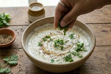 Garnishing homemade Zeera Raita with fresh coriander leaves."