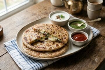 Deliious Cheese-paratha-Recipes serve on a plate beautifully plated Cheese paratha recipe served on a ceramic plate, accompanied by small bowls of yogurt, green chutney, and tomato ketchup on a rustic wooden table."