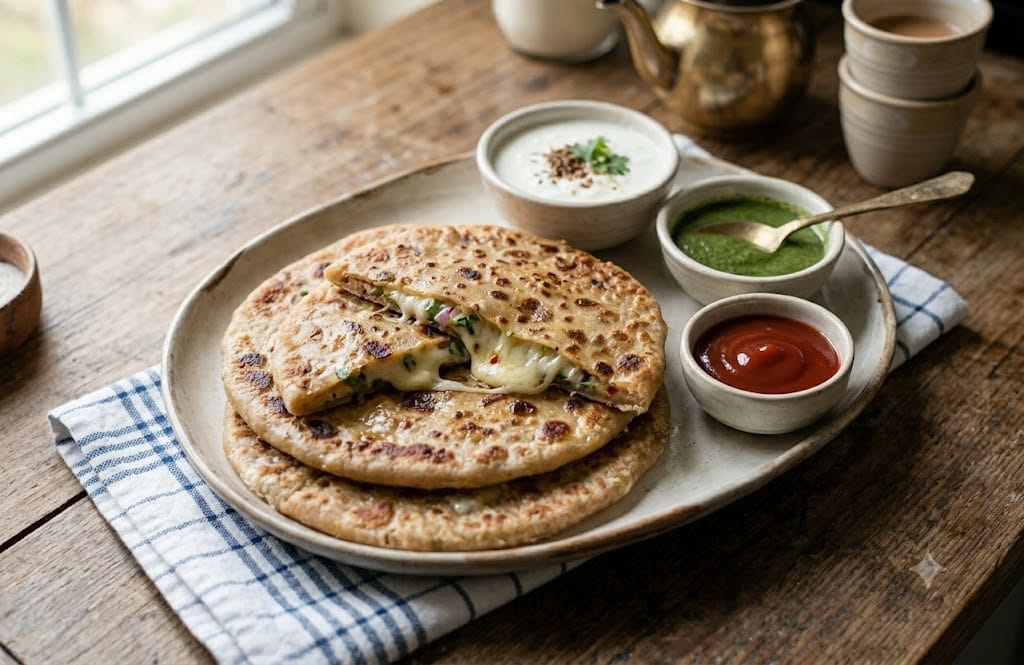 Deliious Cheese-paratha-Recipes serve on a plate beautifully plated Cheese paratha recipe served on a ceramic plate, accompanied by small bowls of yogurt, green chutney, and tomato ketchup on a rustic wooden table."