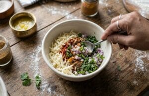 A small bowl containing a mixture of grated mozzarella cheese, finely chopped onions, green chilies, and fresh cilantro, being prepared for Cheese paratha recipe stuffing."