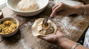 A small ball of dough being shaped and filled with a spoonful of Cheese paratha recipe mixture, carefully sealed by folding the edges together."