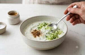 Combine: Stir in the cucumber, roasted cumin powder, and salt add karain cucumber raita yogurt dip ready hai