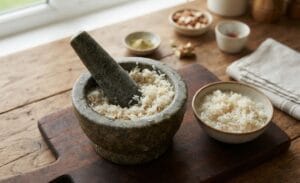 Washing and soaking rice in a bowl and crushing it in a mortar and pestle for the Special Shahi Kheer Recipe.