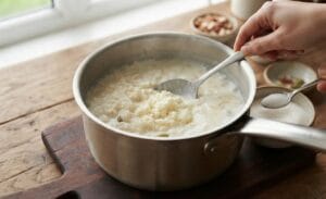 Adding coarsely crushed rice to boiling milk and simmering on low heat for the Special Shahi Kheer Recipe.