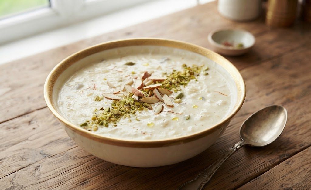 Garnishing the kheer with chopped almonds and pistachios and serving it chilled for the Special Shahi Kheer Recipe.