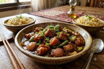 A bowl of restaurant-style Chicken Manchurian Recipe served with a side of egg fried rice, garnished with fresh spring onions and sesame seeds."