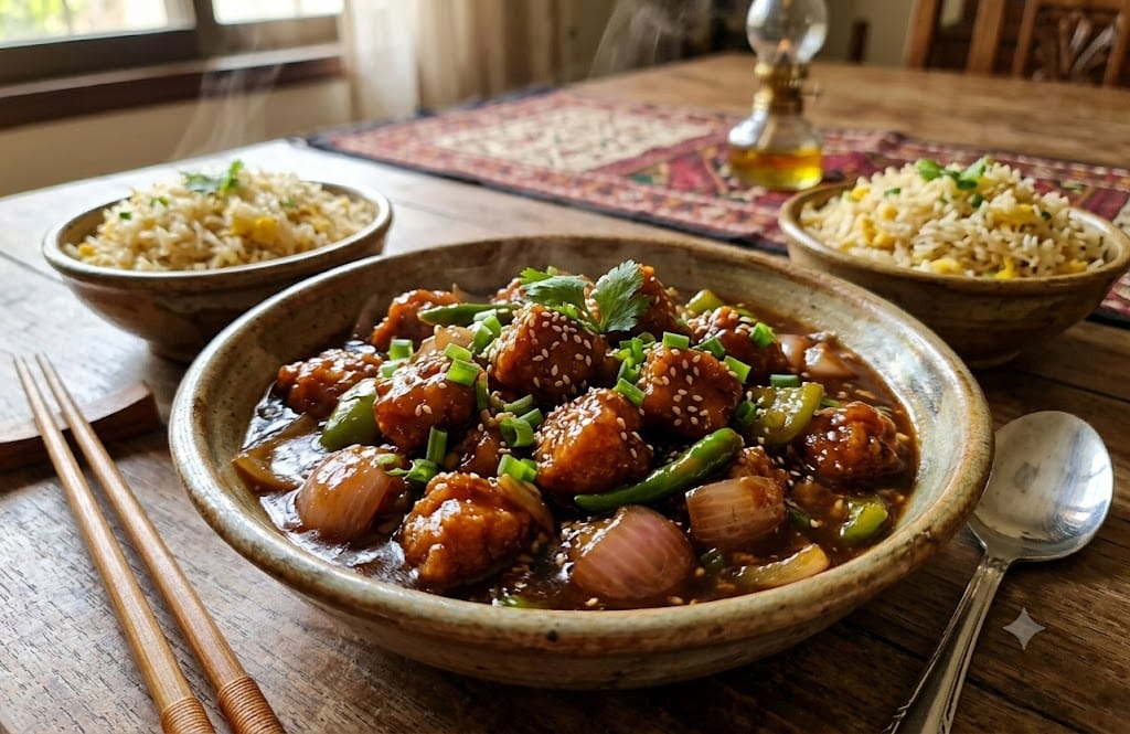 A bowl of restaurant-style Chicken Manchurian Recipe served with a side of egg fried rice, garnished with fresh spring onions and sesame seeds."
