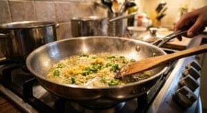Sautéing fresh ginger-garlic paste and green chilies in hot oil in a pan to create an aromatic base for Chicken Manchurian gravy."