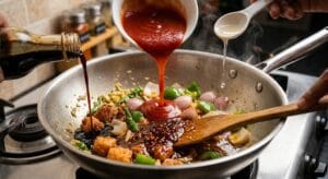 Adding ketchup, chili garlic sauce, soy sauce, and vinegar into the wok to create a tangy and flavorful sauce base for Chicken Manchurian."