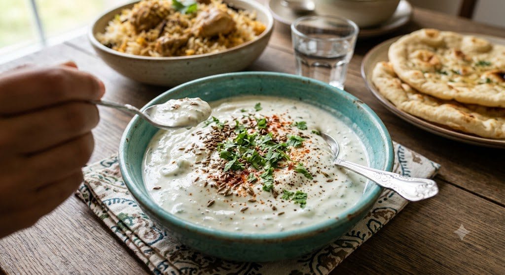 "Freshly prepared creamy cucumber raita served in a bowl with a spoon."