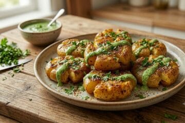Crispy Desi Masala Smashed Potatoes served with green chutney and coriander"
