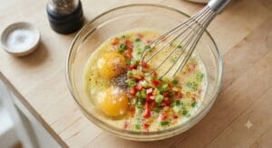 A glass bowl on a wooden surface containing two cracked eggs, freshly chopped red bell peppers, onions, and seasonings like salt and pepper, being whisked with a wire whisk to prepare a healthy breakfast omelet mixture."