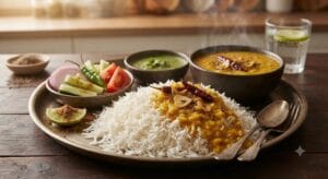 Dhaba Style Daal Chawal Recipe ko garma garam chawal, salad aur hari chutney ke saath serve karna