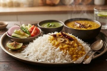 Dhaba Style Daal Chawal Recipe ko garma garam chawal, salad aur hari chutney ke saath serve karna