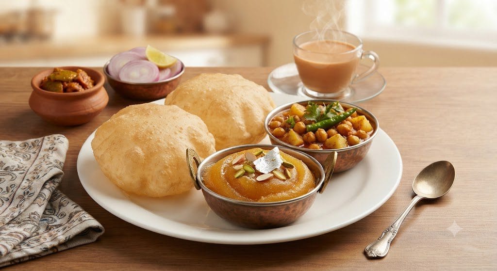Traditional spread of freshly prepared Best Traditional Homemade Halwa Puri Recipe featuring hot puris, sweet semolina halwa, and spicy aloo bhujia.