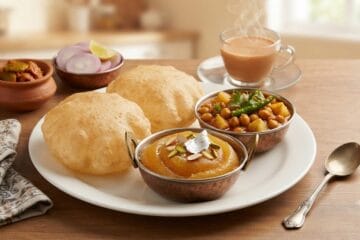 Ghar par tayyar ki gayi mukammal Traditional Homemade Halwa Puri Recipe ka nashta serve karte hue