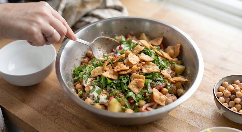 Final bowl of Pakistani Chana Chaat Recipe garnished with fresh coriander, mint, and a handful of crunchy papr