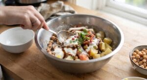 Adding whisked yogurt and tangy tamarind chutney to a bowl of chickpeas and potatoes to complete a delicious Pakistani Chana Chaat Recipe