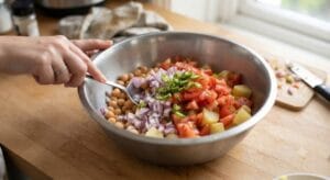 Combining boiled chickpeas and cubed potatoes in a large mixing bowl to create the base for a Pakistani Chana Chaat Recipe