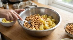Combining boiled chickpeas and cubed potatoes in a large mixing bowl to create the base for a Pakistani Chana Chaat Recipe
