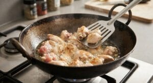 Chicken being seared in a wok until golden brown for Restaurant Style Chicken Karahi Recipe