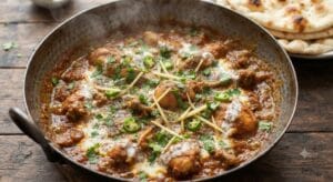 Serving piping hot Restaurant Style Chicken Karahi Recipe with naan or tandoori roti
