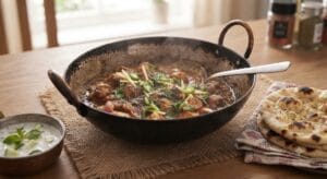 Serving piping hot Restaurant Style Chicken Karahi Recipei with naan or tandoori roti