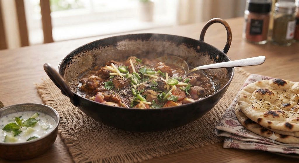 Serving piping hot Restaurant Style Chicken Karahi Recipei with naan or tandoori roti