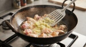 Sautéing ginger garlic paste for authentic Restaurant Style Chicken Karahi Recipe